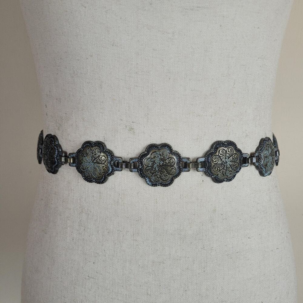 Gold Metal Chain Belt OS Medallion Floral Boho Adjustable Waist Statement Patina